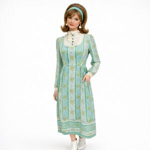 Vintage 60's Blue Pink Floral Print White Lace  Prairie Boho Maxi Dress Small